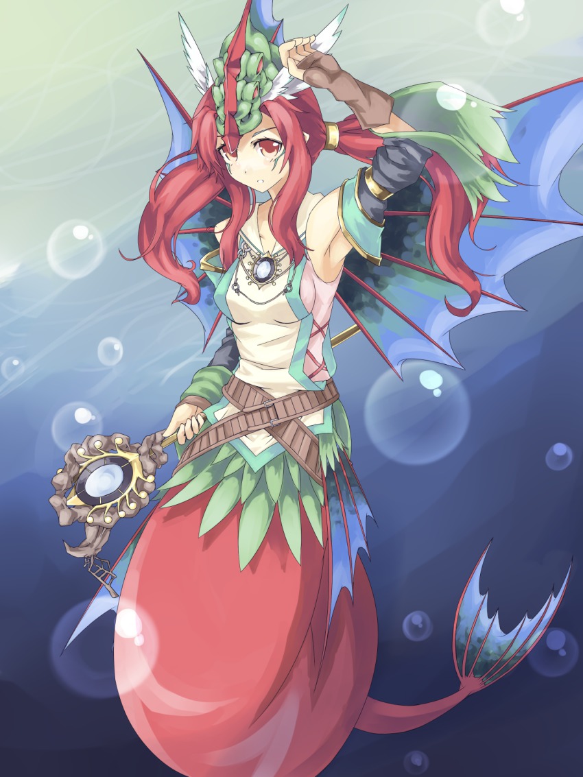 1girl, belt, bubble, duel_monster, evigishki_merrowgeist, female_focus, highres, long_hair, mermaid, monster_girl, normaland, red_eyes, red_hair, solo, staff, twintails, yu-gi-oh!, yu-gi-oh!_duel_monsters