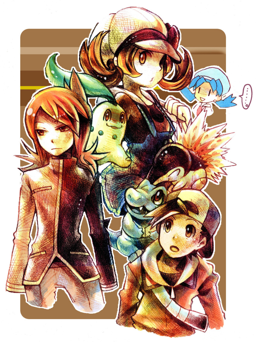 ..., 00s, 1990s_(style), 2boys, 2girls, ashida, bag, baseball_cap, black_hair, blue_hair, brown_background, brown_hair, chikorita, cyndaquil, ethan_(pokemon), gen_2_pokemon, hat, highres, kris_(pokemon), lyra_(pokemon), multiple_boys, multiple_girls, nintendo, pokemon, pokemon_(creature), pokemon_gold/silver/crystal, pokemon_heartgold_and_soulsilver, red_hair, retro_artstyle, silver_(pokemon), starter_pokemon_trio, totodile, traditional_media, twintails