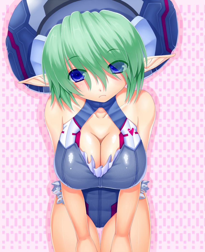 1girl, adapted_costume, asamura_hiori, blue_eyes, breasts, candy_crown, cleavage, cleavage_cutout, clothing_cutout, elf, green_hair, hat, highres, large_breasts, mel_von_shiina, melfonseana, one-piece_swimsuit, phantasy_star, phantasy_star_online_2, pink_background, pointy_ears, short_hair, swimsuit