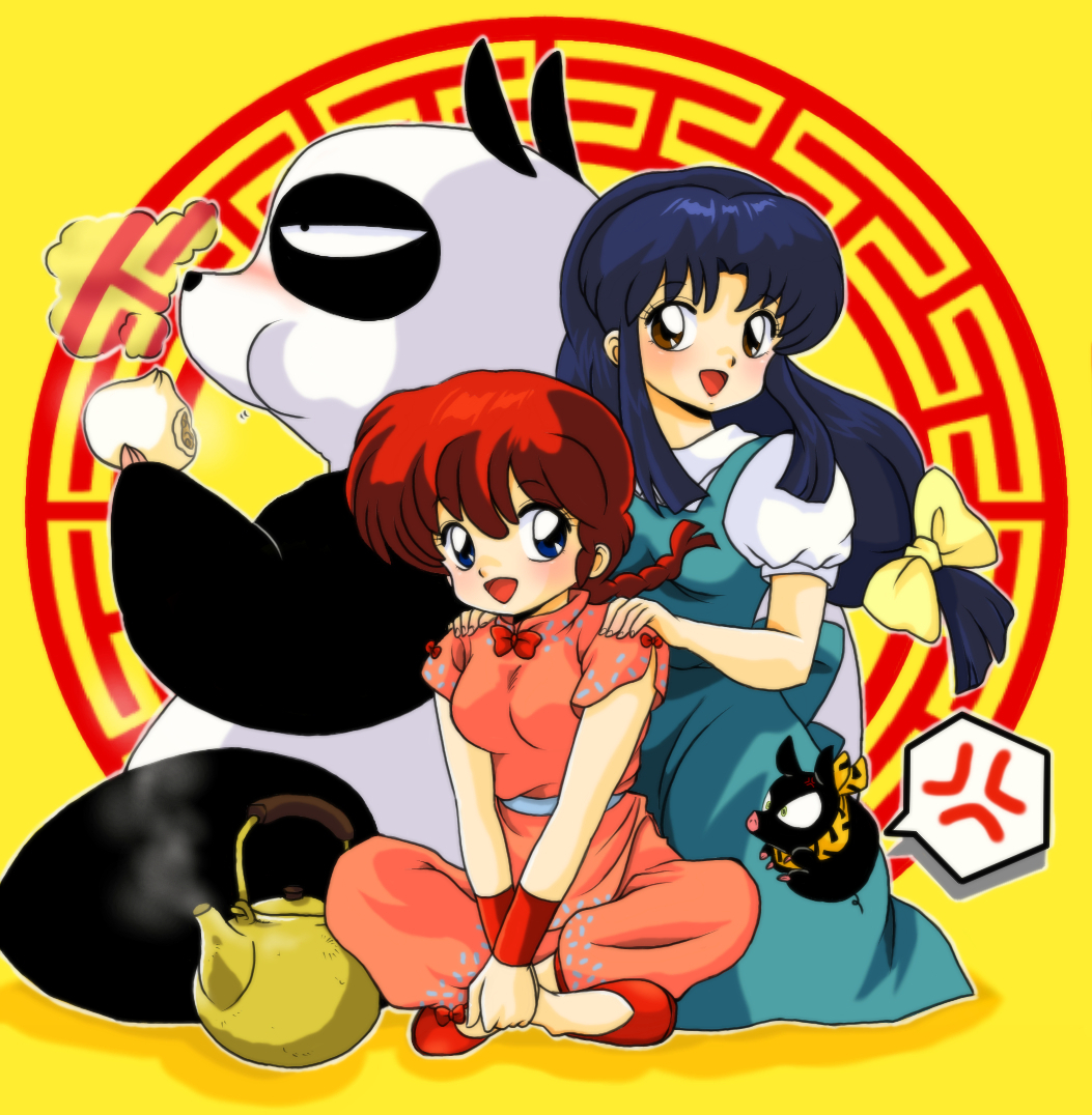 2boys, 2girls, anger_vein, bandana, black_hair, blue_dress, blue_eyes, blue_hair