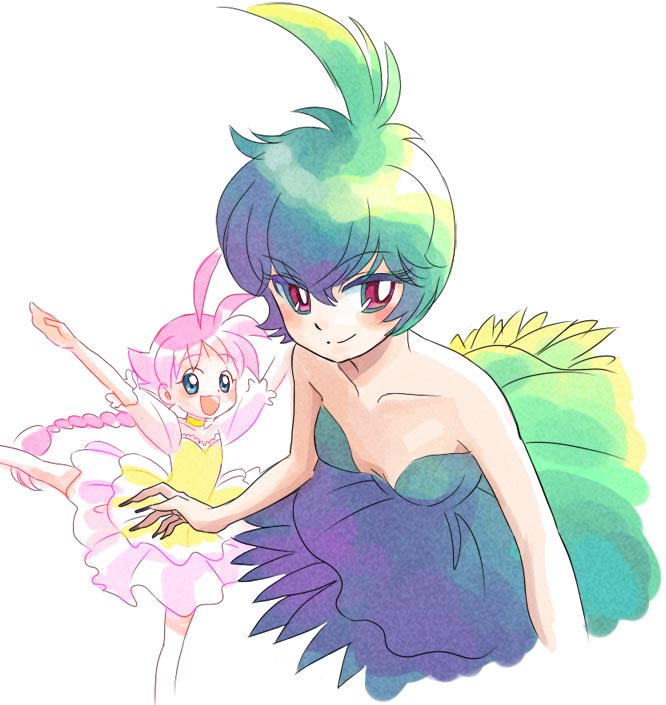 00s, 2girls, ahiru_(princess_tutu), ballerina, ballet, blue_eyes, dress, grin