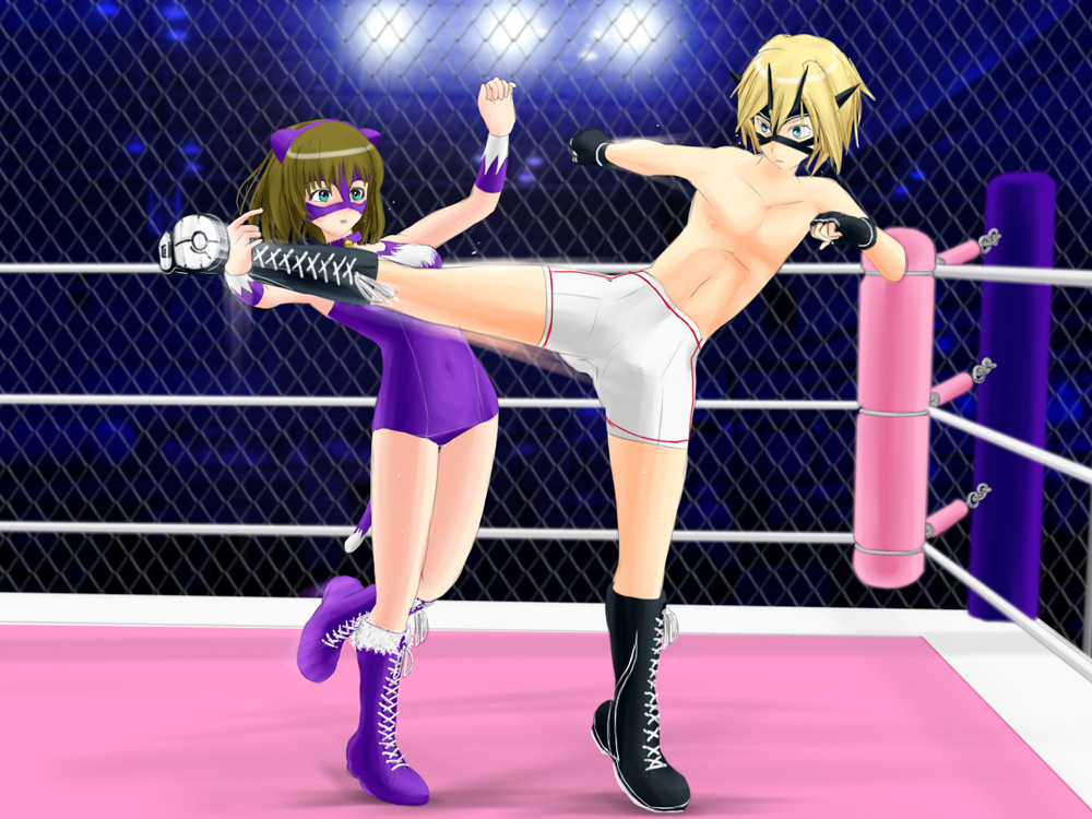 13, 1girl, animal_ears, arena, battle, blonde_hair, blue_eyes, blush, boots, brown_hair, cat_ears, dodge_(company), domination, femdom, fighting, humiliation, kicking, mask, smile, smirk, sumire_(#13), syemi_(#13), wrestling, wrestling_ring