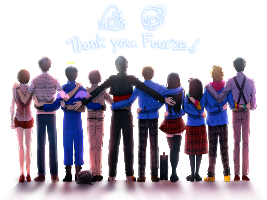 3girls, 6+boys, angel_wings, black_hair, brown_hair, daimonji_shun, emoto_kuniteru, english_text