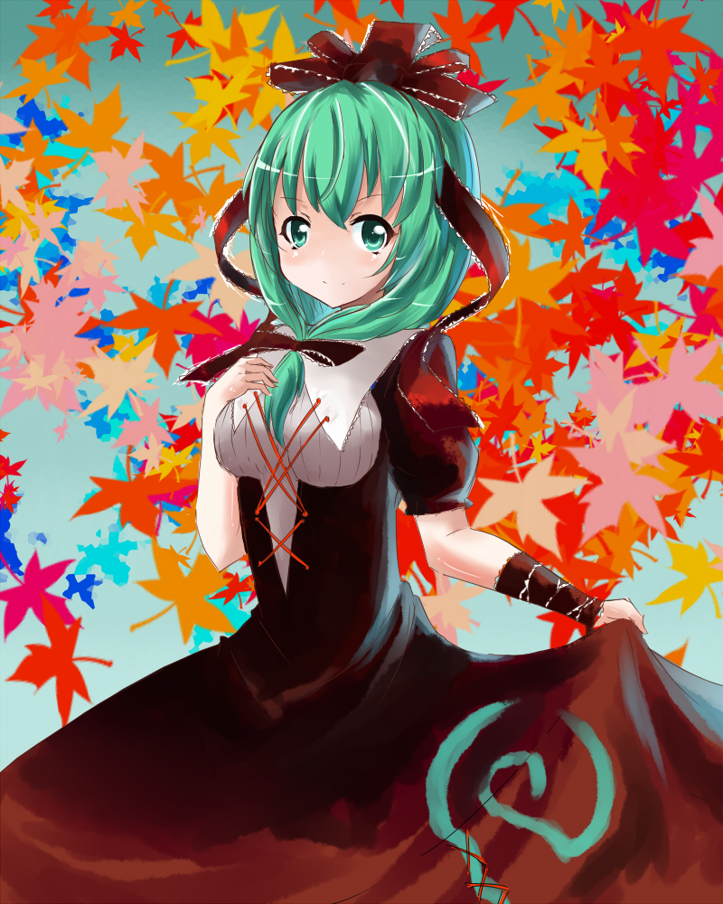 1girl, aqua_eyes, aqua_hair, arm_ribbon, bow, breasts, dress, female_focus