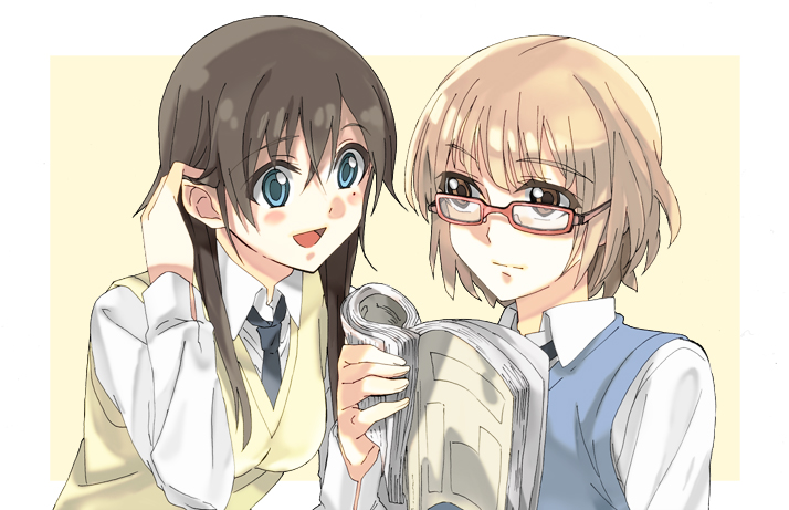 2girls, :d, black_hair, blue_eyes, brown_eyes, brown_hair, glasses, hareta
