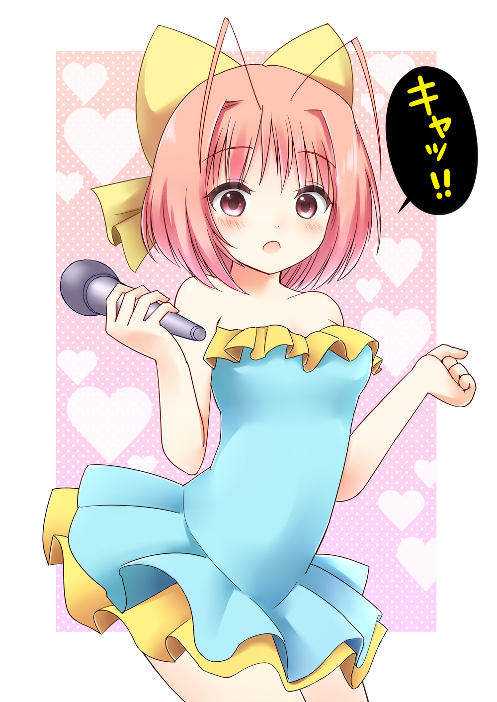 1girl, antenna_hair, bare_shoulders, blue_dress, blue_skirt, blush, dress, female_focus