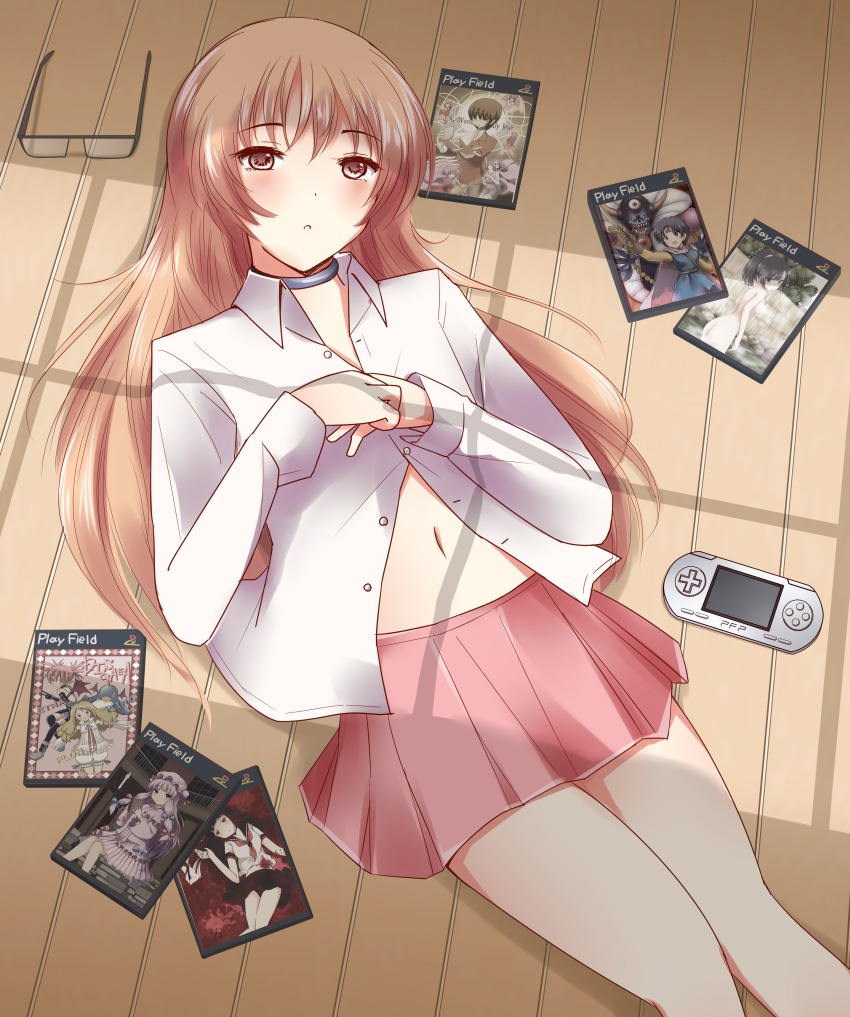 1boy, absurdres, ayukawa_tenri, brown_eyes, brown_hair, choker, crossdressing, crossdressing_(mtf), disgaea, dragon_quest, elysia_de_lute_ima, etna_(disgaea), flonne, glasses, handheld_game_console, haqua_d'rot_herminium, heroine_(dq3), highres, kamekichi_(kamekiti), kami_nomi_zo_shiru_sekai, katsuragi_keima, long_hair, lying, male_focus, minerva_(kaminomi), miniskirt, nakagawa_kanon, navel, nippon_ichi, on_back, open_clothes, open_shirt, patchouli_knowledge, playstation_portable, prinny, roto_(dq3), shirt, skirt, solo, sony, touhou, trap, uemoto_sumire, unworn_eyewear, wooden_floor