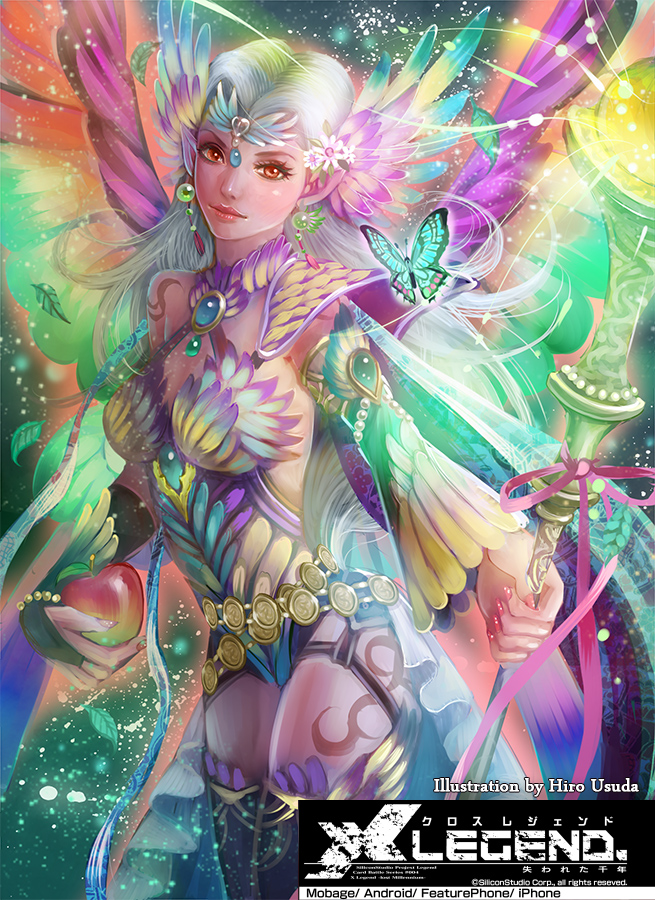 1girl, apple, armor, artist_name, bug, butterfly, colorful, copyright_name, fairy, fairy_queen, female_focus, food, fruit, gem, hair_ornament, insect, leged_x, lips, multicolored_background, nail_polish, orange_eyes, pointy_ears, solo, staff, thighhighs, usuda_hiro, watermark, white_hair, wings, x_legend