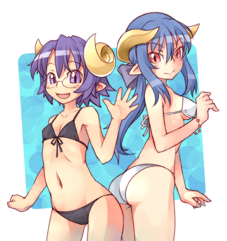 2girls, ass, bikini, black_bikini, blue_hair, blush_stickers, bow, bracelet, breasts, cleavage, demon_horns, flat_chest, front-tie_bikini_top, front-tie_top, glasses, hair_between_eyes, hair_bow, horns, ibarahime_shizuka, jewelry, long_hair, looking_at_viewer, looking_back, multiple_girls, navel, open_mouth, pointy_ears, pori_(poritan81), purple_eyes, purple_hair, red_eyes, ryuuguuji_shigure, shinrabanshou, short_hair, sidelocks, smile, swimsuit, waving, white_bikini