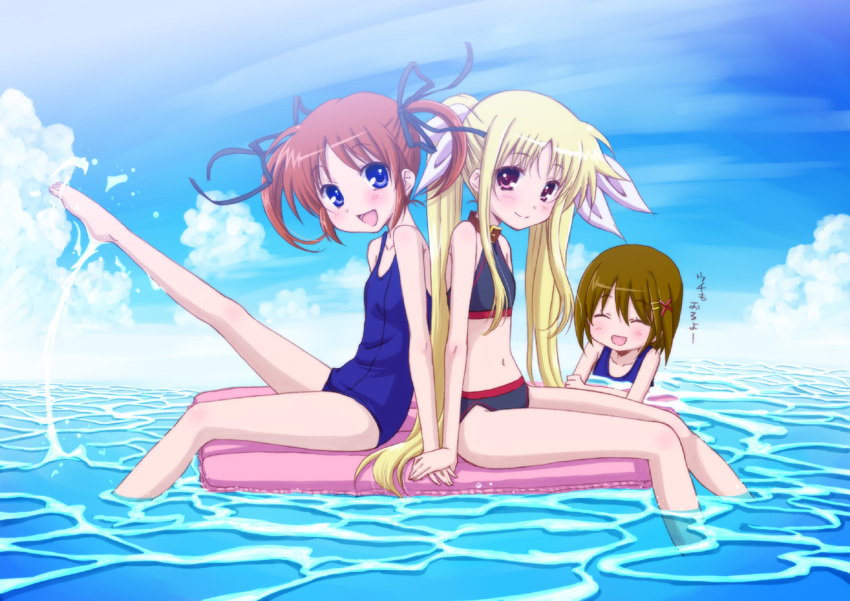 3girls, bikini, blonde_hair, blue_eyes, blush, brown_hair, cloud, day
