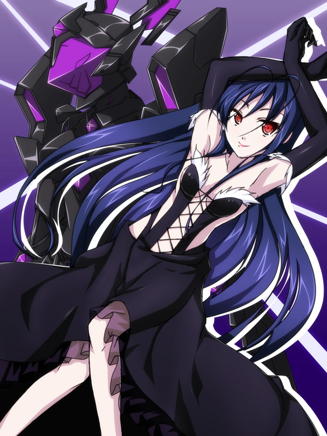 10s, 1girl, accel_world, black_lotus_(accel_world), blue_hair, breasts, dress, elbow_gloves
