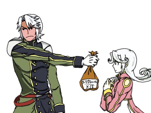 1boy, 1girl, armor, belt, blush, coat, dios_(tales), dress