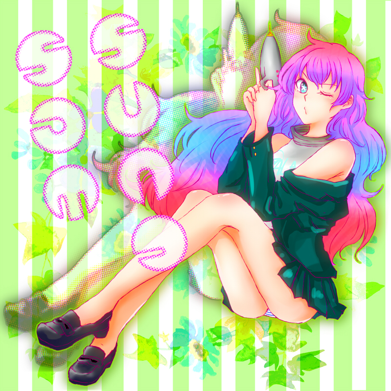 +_+, 1girl, artist_request, blue_eyes, buttons, copyright_name, crossed_legs, energy_gun