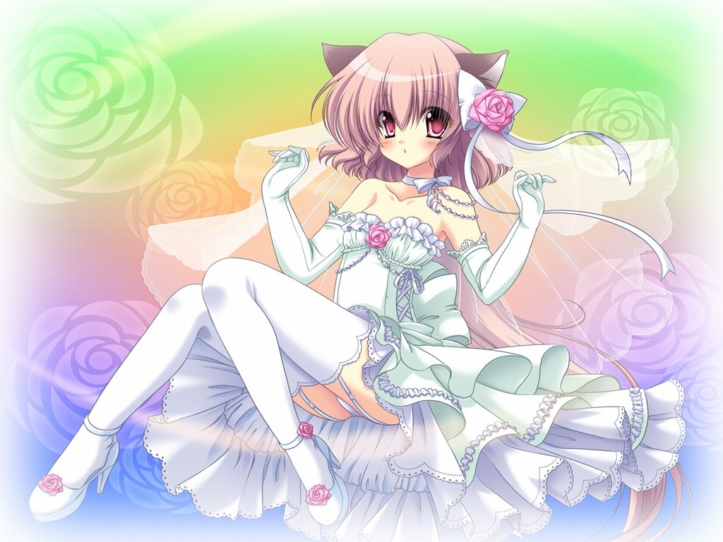 1girl, animal_ears, bridal_veil, cat_ears, dress, elbow_gloves, female_focus, game_cg