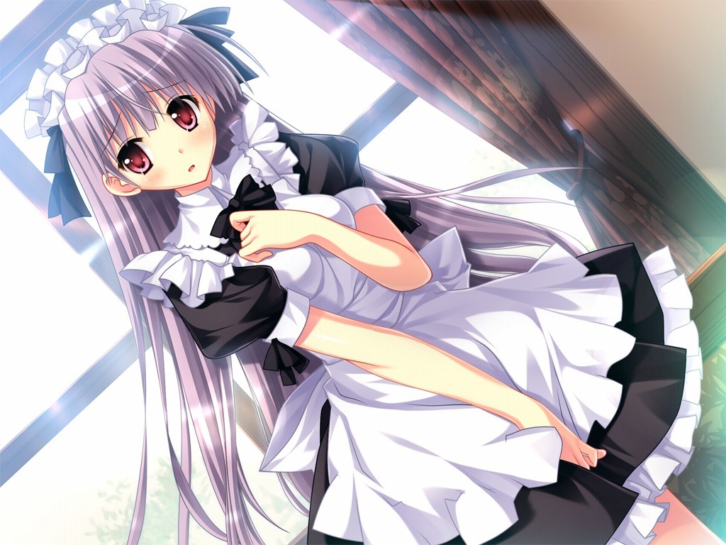 1girl, female_focus, game_cg, indoors, long_hair, maid, maid_headdress, red_eyes