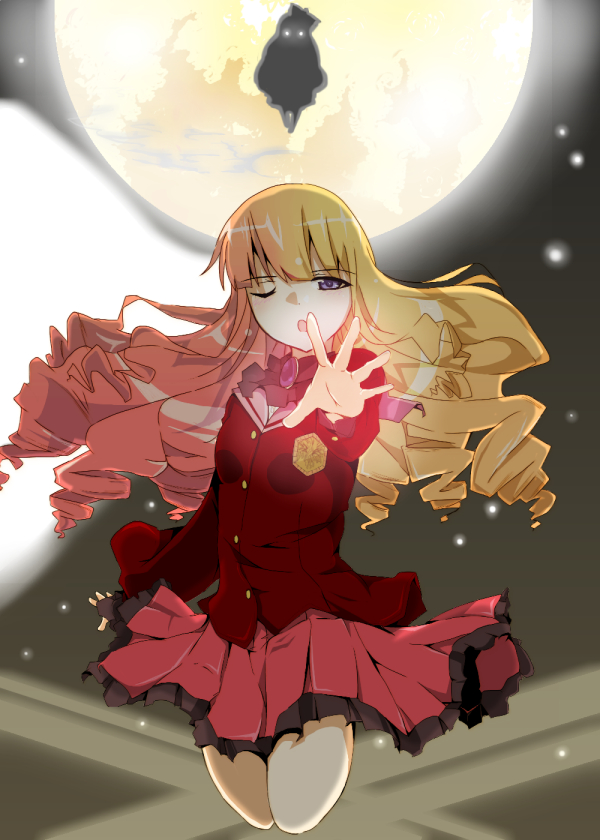 1girl, blonde_hair, doll, drill_hair, full_moon, glowing, glowing_eyes, kami_nomi_zo_shiru_sekai