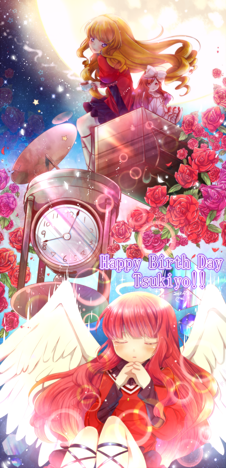 2girls, angel_wings, blonde_hair, bow, brown_hair, clock, cup, doll, drill_hair, closed_eyes, flower, hair_bow, halo, happy_birthday, highres, kami_nomi_zo_shiru_sekai, kujou_tsukiyo, long_hair, luna_(kaminomi), moon, multiple_girls, praying, purple_eyes, red_hair, rose, saijouka_mei, satellite_dish, teacup, vulcanus_(kaminomi), wings