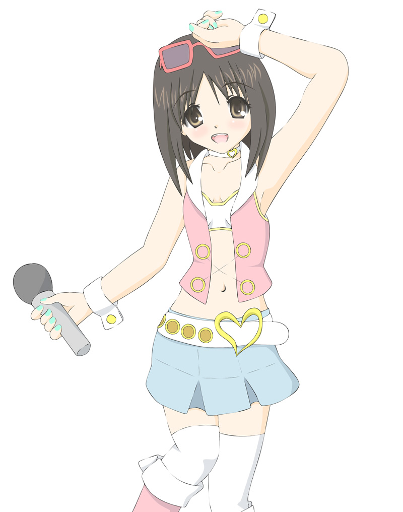 1girl, :d, a-kazuo, alternate_costume, amami_haruka, amami_haruka_(cosplay), arm_up, armpits