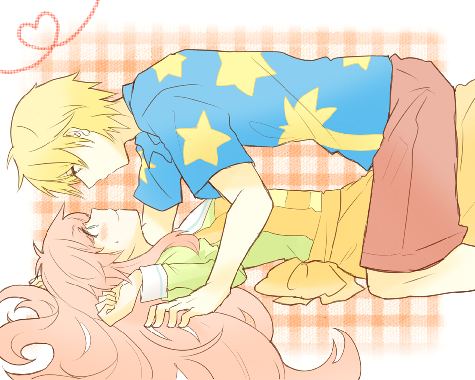 10s, 1boy, 1girl, aged_up, blonde_hair, blush, couple, eye_contact, fujisaki_yuu_(nkrm), heart, heart_background, hetero, jinrui_wa_suitai_shimashita, joshu-san, long_hair, looking_at_another, pink_hair, plaid_background, shirotsume_(nekokanromansu), simple_background, star_(symbol), watashi_(jintai), wavy_mouth