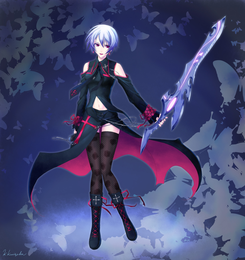 00s, 1girl, bare_shoulders, black_panties, black_thighhighs, blade, blue_hair, boots, bug, butterfly, chaos;head, cross, d-sword, earrings, female_focus, floral_print, full_body, highres, huge_weapon, insect, jewelry, kishimoto_ayase, kishimoto_ayase_(fes), lace-up_boots, lipstick, looking_at_viewer, makeup, microphone, nail_polish, navel, necktie, panties, patterned_legwear, print_thighhighs, purple_eyes, purple_lips, robber-krzk, science_adventure, short_hair, smile, solo, thighhighs, underwear, weapon