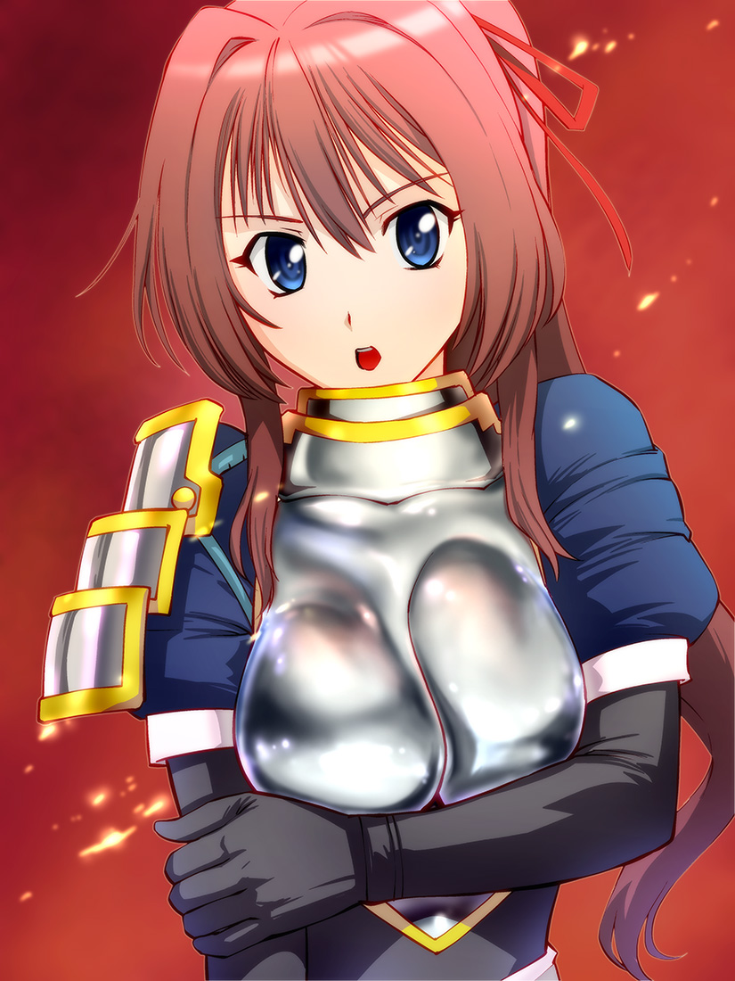 1girl, armor, blue_eyes, boobplate, bow, breastplate, breasts, breasts_squeezed_together