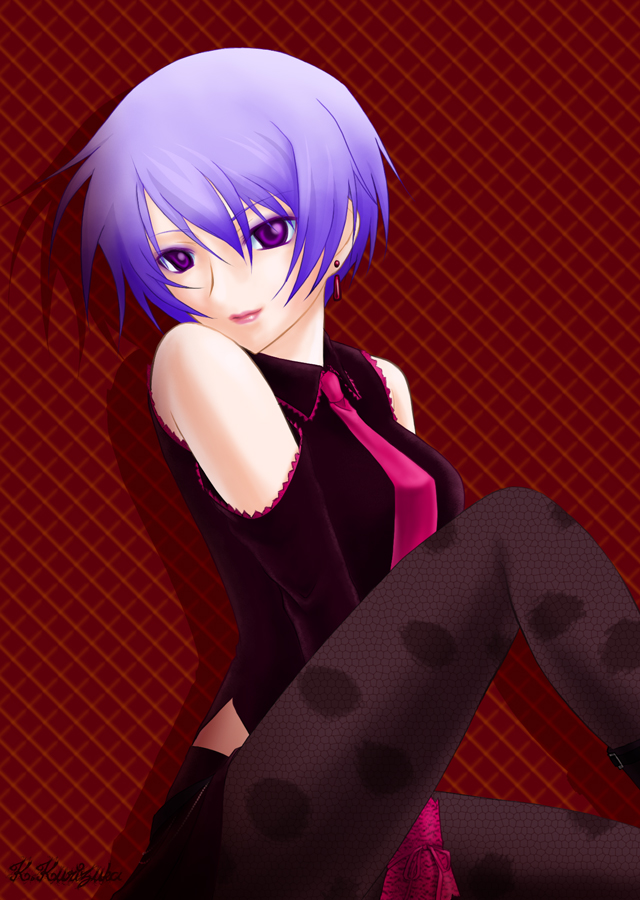 00s, 1girl, bare_shoulders, blue_hair, chaos;head, earrings, eyeshadow, female_focus