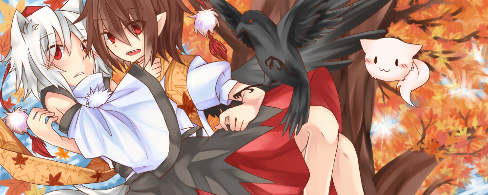 2girls, animal, animal_ears, bad_id, bad_pixiv_id, bird, blush, brown_hair