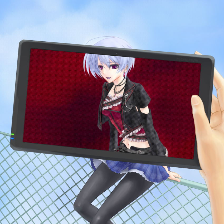 00s, 1girl, black_pantyhose, blue_hair, chaos;head, cross, earrings, eyeshadow, female_focus, fence, highres, jewelry, kishimoto_ayase, kishimoto_ayase_(fes), lipstick, looking_at_viewer, makeup, navel, pantyhose, purple_eyes, purple_lips, robber-krzk, science_adventure, short_hair, sitting, skirt, smile, solo