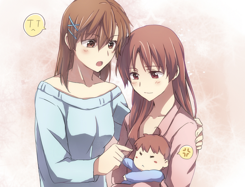 2girls, aged_up, ahoge, anger_vein, baby, blush, blush_stickers, brown_eyes