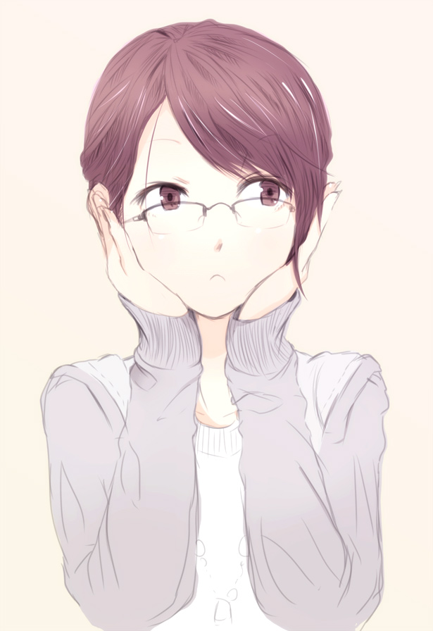 1girl, akku_lude, female_focus, glasses, hands_on_own_face, long_sleeves, looking_away, original