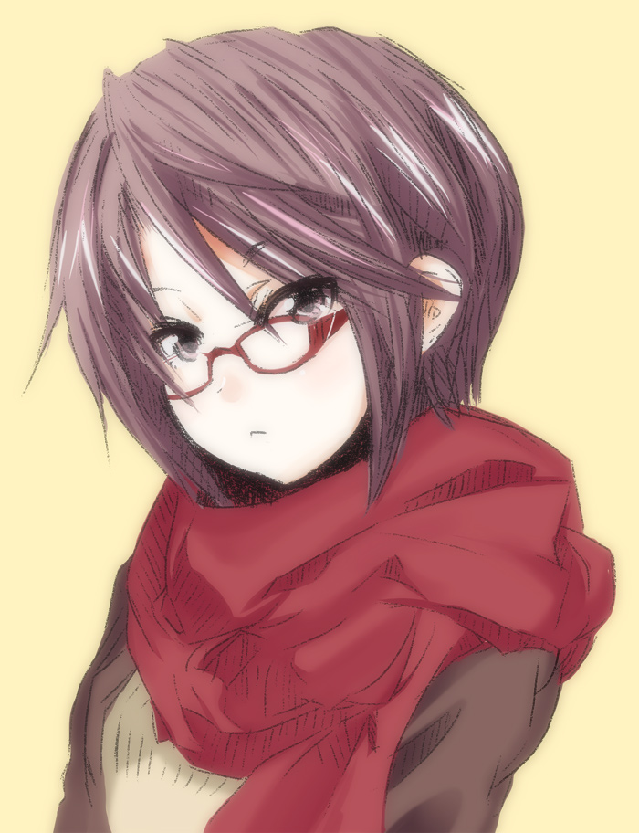 1girl, akku_lude, female_focus, glasses, original, purple_eyes, purple_hair, red-framed_eyewear