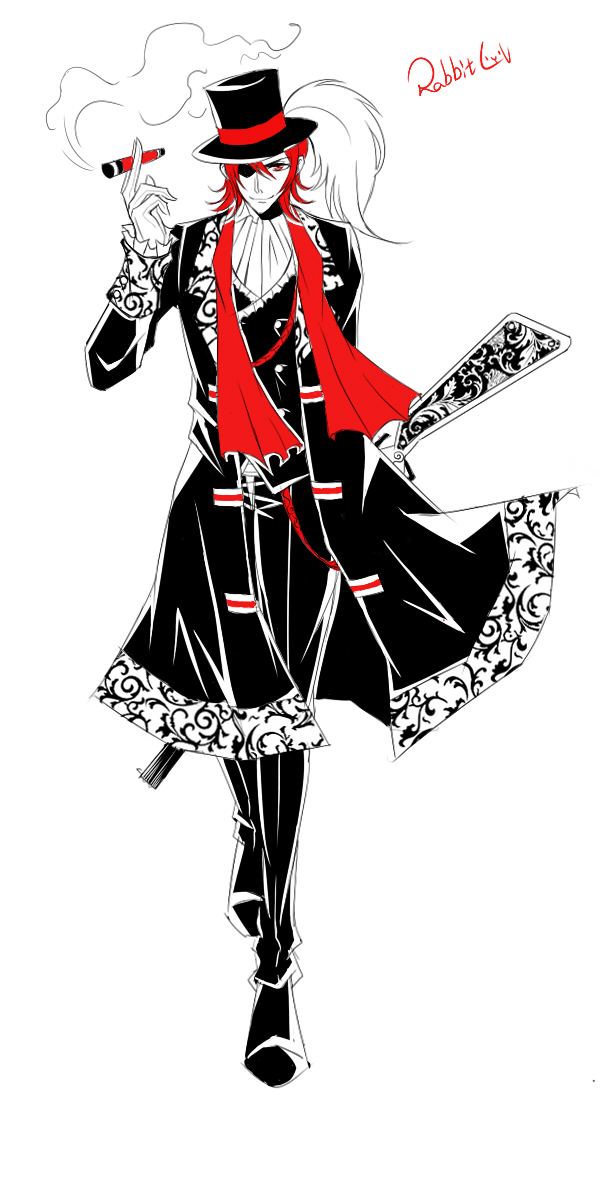 1boy, babuka_fish, bad_id, bad_pixiv_id, fate/zero, fate_(series), fedora, genderswap, genderswap_(ftm), hat, highres, long_coat, male_focus, scarf, simple_background, smoke, sola-ui_nuada-re_sophia-ri, solo, spot_color, top_hat, white_background