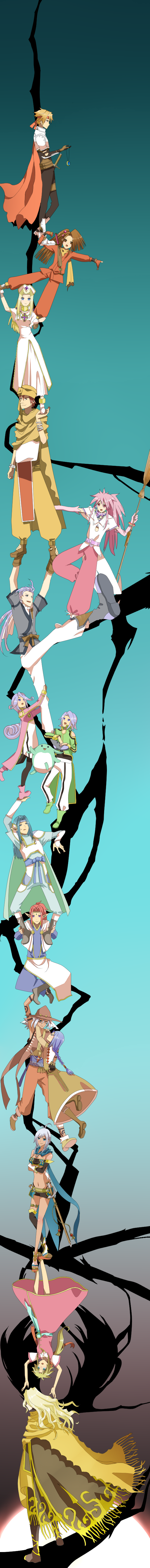 6+boys, 6+girls, absurdres, ahoge, arche_klein, armor, bare_shoulders, belt, blonde_hair, blue_eyes, blue_hair, bodysuit, boots, bracelet, braid, brambert_milene, breasts, broom, brown_hair, cape, chester_burklight, claus_f._lester, cleavage, cloak, coat, creature, cress_albane, dark_skin, dhaos, dio_(tales), dress, durarara!!, elbow_gloves, elf, fingerless_gloves, fujibayashi_suzu, gloves, grey_hair, hat, headband, highres, jewelry, kuruuru, long_hair, long_image, lundgrom, mel_(tales), midriff, milard_rune, mint_adenade, multiple_boys, multiple_girls, navel, necklace, nurse_cap, open_mouth, pants, pantyhose, pink_eyes, pink_hair, pointy_ears, ponytail, purple_eyes, red_hair, ribbon, ring, rondorine_e._effenberg, scarf, shoes, short_hair, shoulder_pads, sword, tales_of_(series), tales_of_phantasia, tales_of_phantasia:_narikiri_dungeon, tales_of_phantasia:_narikiri_dungeon_x, tall_image, tattoo, thighhighs, tornix_d._morrison, trinicus_d._morrison, trust_me_(durarara!!), vest, weapon, winona_pickford