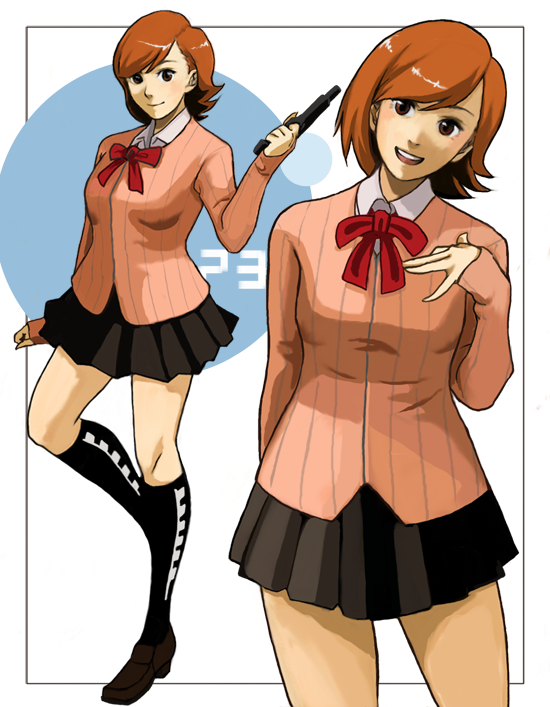 1girl, atlus, black_socks, bow, brown_eyes, brown_hair, evoker, female_focus