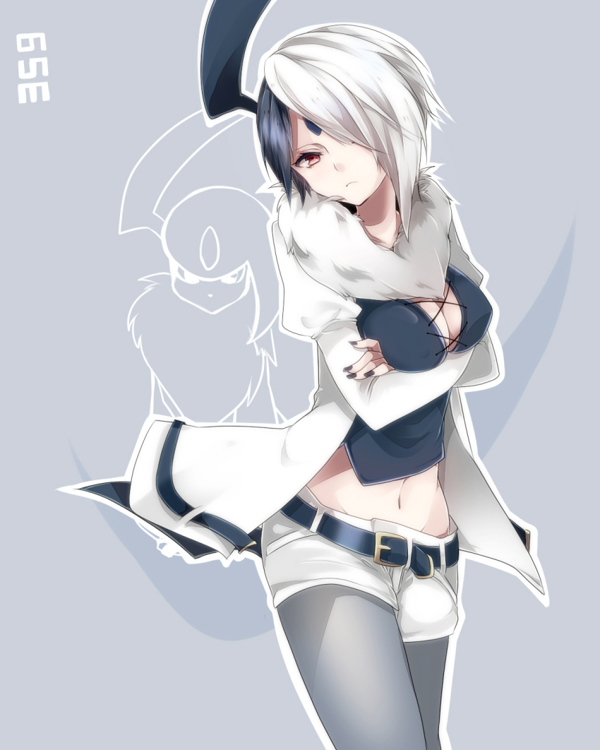 1girl, absol, belt, black_hair, breasts, brown_eyes, cleavage, creature_and_personification