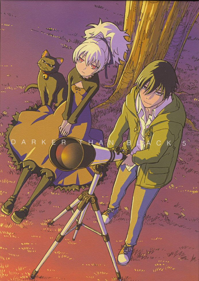 00s, 1boy, 1girl, black_cat, black_hair, cat, darker_than_black, dress