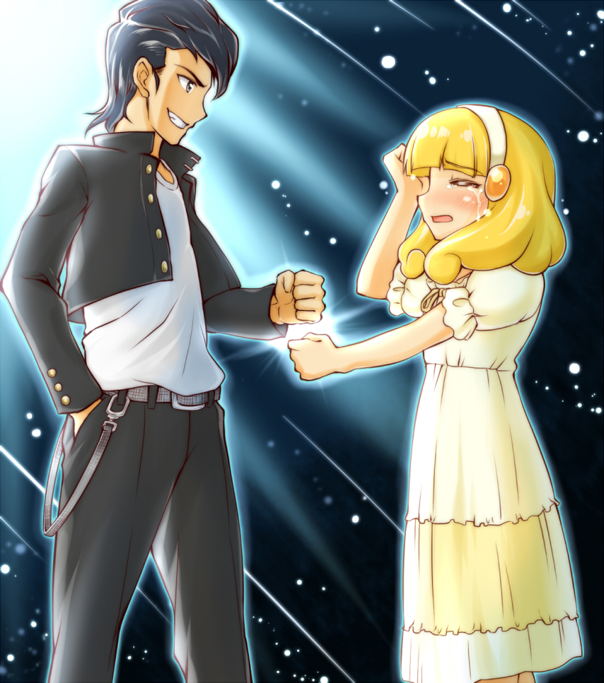 10s, 1boy, 1girl, arakawa_tarou, belt, black_hair, blonde_hair, blush