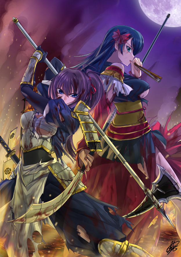 2girls, angry, armor, blood, blue_eyes, blue_hair, bow, bracer