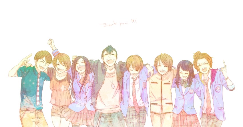 3girls, 5boys, ^_^, bad_id, bad_pixiv_id, black_hair, blouse, bow