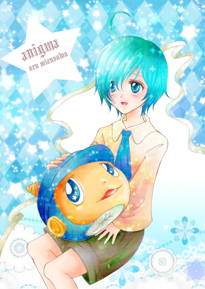 1boy, ahoge, androgynous, blue_eyes, copyright_name, cosplay, enigma, hair_over_one_eye, kigurumi, light_purple_hair, male_focus, marina_(mitsuba), mizusawa_aru, necktie, open_mouth, short_hair, solo, sparkle, star_(symbol)