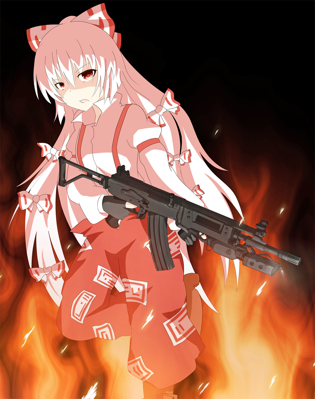 1girl, assault_rifle, bow, female_focus, fujiwara_no_mokou, gun, hair_bow, highres