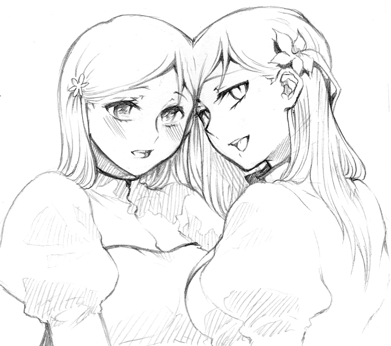 2girls, bleach, blush, dual_persona, flower, forehead-to-forehead, hair_flower, hair_ornament, heads_together, inoue_orihime, julion_(akesuzu), looking_at_viewer, looking_back, monochrome, multiple_girls, open_mouth, sketch, slit_pupils, smile, traditional_media