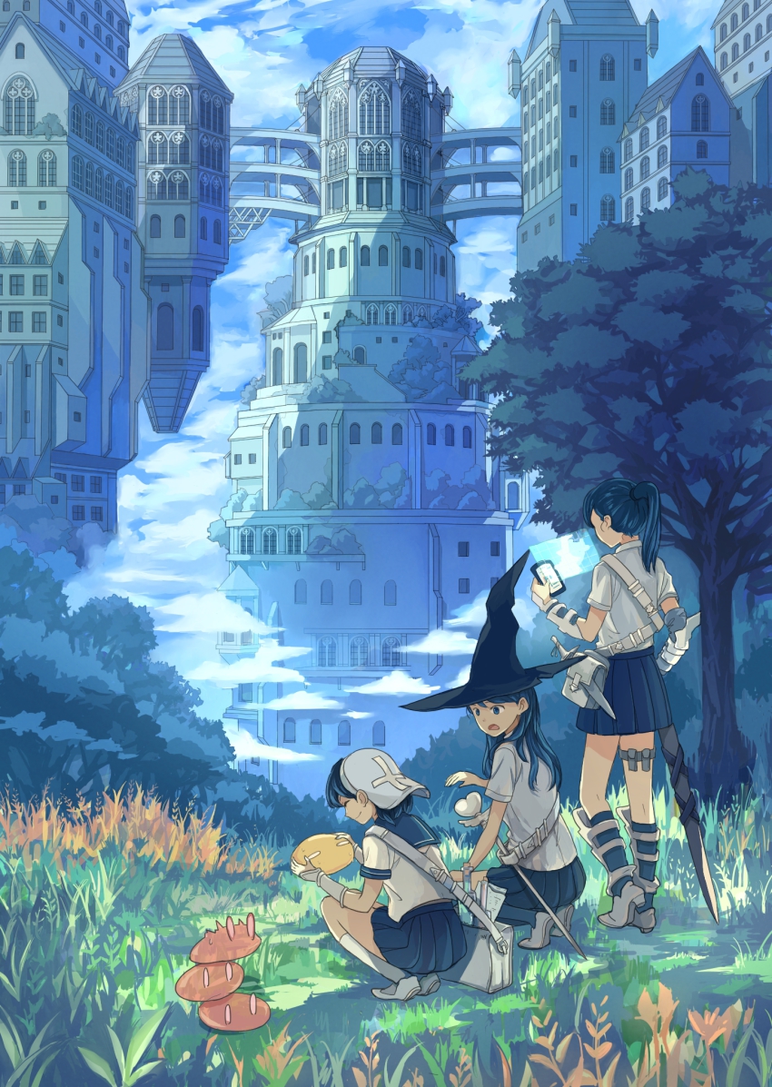 3girls, bag, belt, black_hair, blue_eyes, building, cloud, cloudy_sky