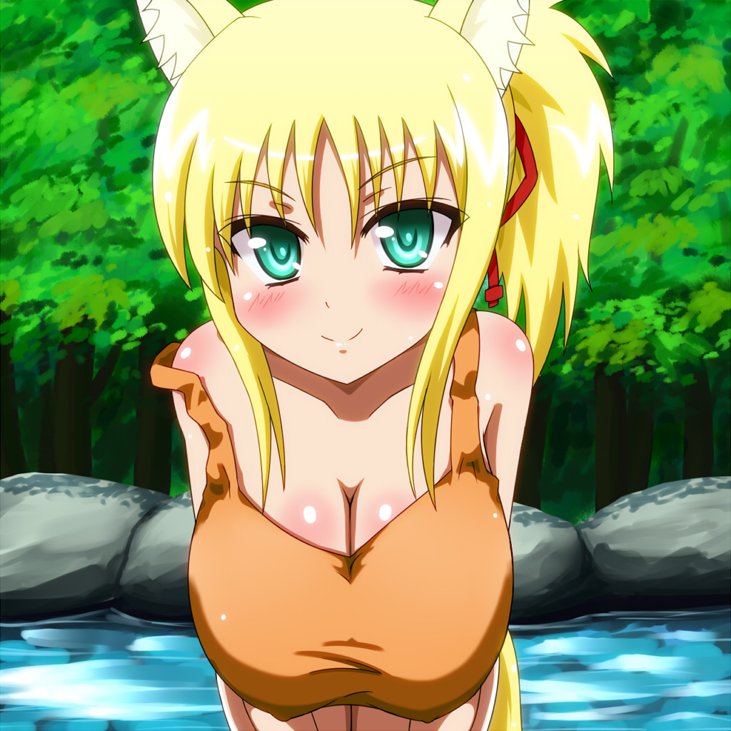 10s, 1girl, animal_ears, blonde_hair, dog_days, female_focus, fox_ears, fox_tail, green_eyes, ponytail, solo, tail, yosuzu, yukikaze_panettone