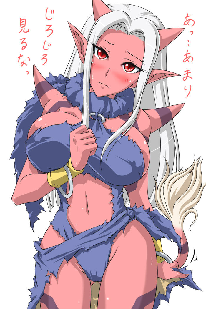 1girl, blush, bracelet, breasts, cleavage, colored_skin, dragon_quest, dragon_quest_x