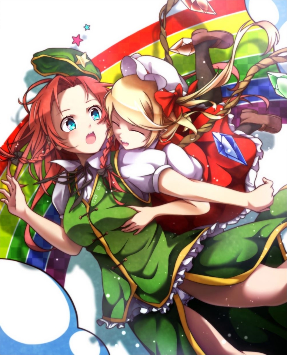 2girls, bad_id, bad_pixiv_id, beret, black_legwear, blonde_hair, blue_eyes, bow