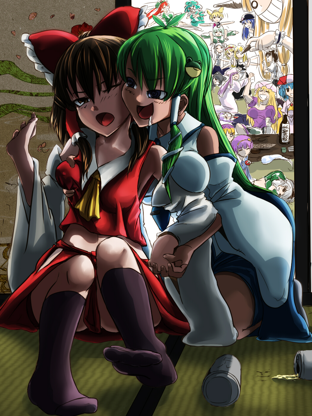 6+girls, @_@, alcohol, alice_margatroid, arm_between_breasts, beer, between_breasts, breasts, drooling, drunk, feeding, female_focus, force-feeding, giant, giantess, grabbing_another's_breast, groping, hakurei_reimu, hand_grab, highres, hijiri_byakuren, hinanawi_tenshi, holding_hands, hong_meiling, ibuki_suika, interlocked_fingers, kawashiro_nitori, kirisame_marisa, kochiya_sanae, komeiji_satori, konpaku_youmu, konpaku_youmu_(ghost), long_hair, mashitono_desu, mononobe_no_futo, multiple_girls, nazrin, open_mouth, pantyhose, patchouli_knowledge, reisen_udongein_inaba, remilia_scarlet, silver_hair, soga_no_tojiko, third_eye, touhou, toyosatomimi_no_miko, upda, yakumo_yukari, yuri