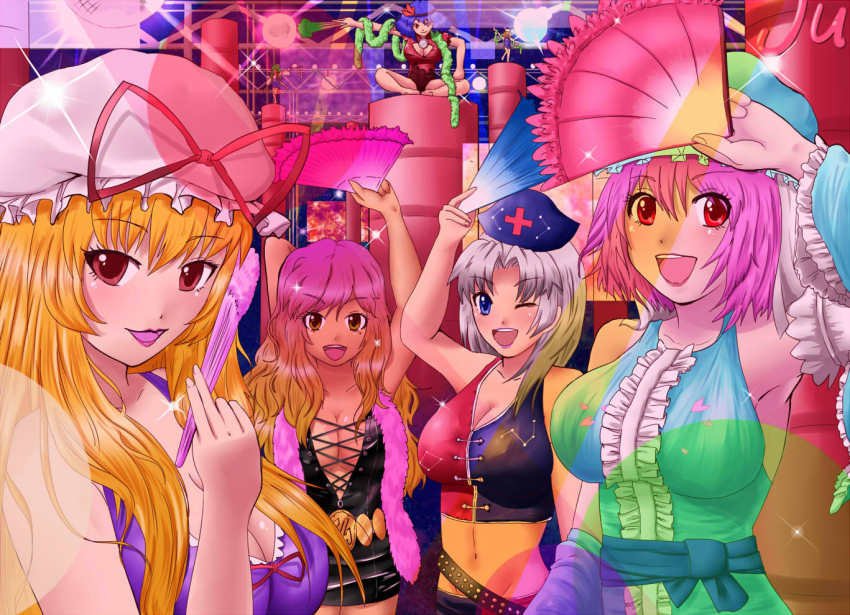 6+girls, bad_id, bad_pixiv_id, blonde_hair, blue_eyes, breasts, cleavage, dress