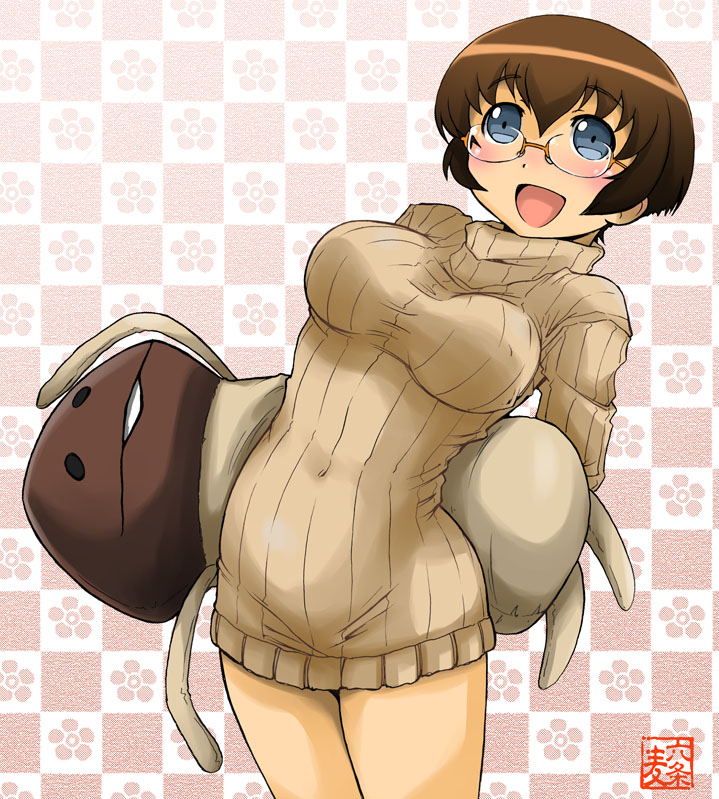 1girl, beeworks, blush, breasts, brown_hair, covered_navel, crossover, dress, female_focus, funghi, glasses, grey_eyes, naked_sweater, nameko_(osawari_tantei), open_mouth, ore_no_imouto_ga_konna_ni_kawaii_wake_ga_nai, osawari_tantei, ribbed_sweater, rokujou_mugi, short_hair, smile, solo, sweater, sweater_dress, tamura_manami
