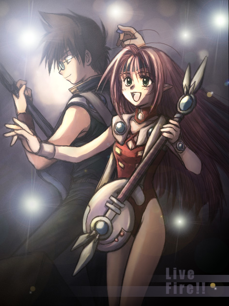 1990s_(style), 1boy, 1girl, :d, bodysuit, brown_hair, brown_pantyhose, green_eyes